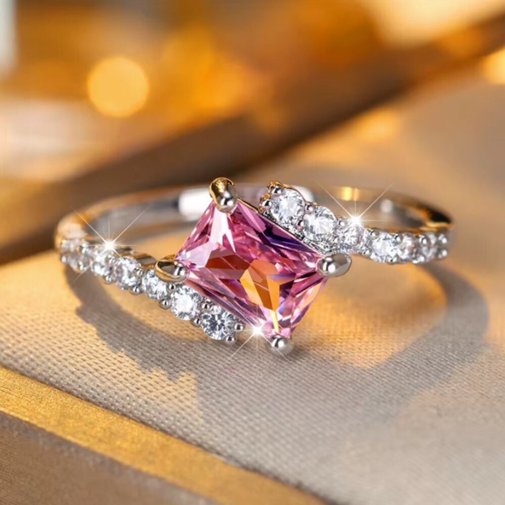 NEW 18k White Gold Pink Sapphire Diamond Ring Emerald Cut Ring